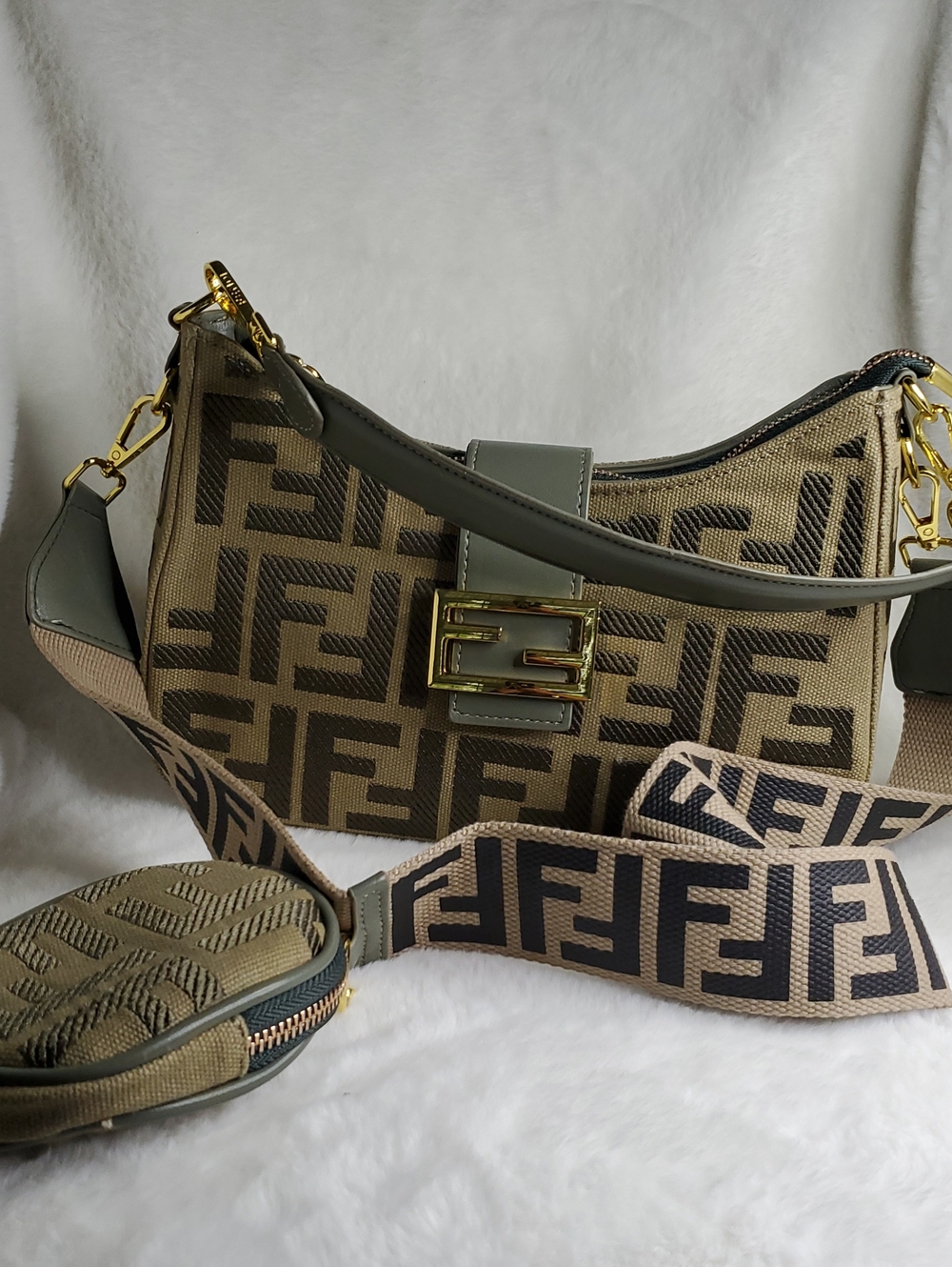 Beige & Brown Monogram Canvas Messenger Bag with Gray Strap - Picture 3 of 16